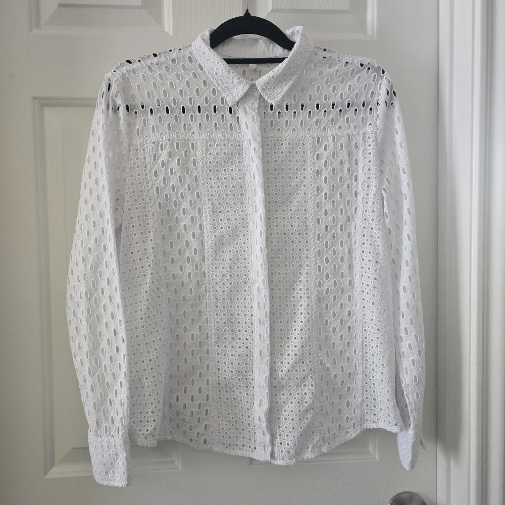 Exetera Women White Eyelet Cotton Shirt Size L Button Front Peasant Bohemian - Picture 2 of 7
